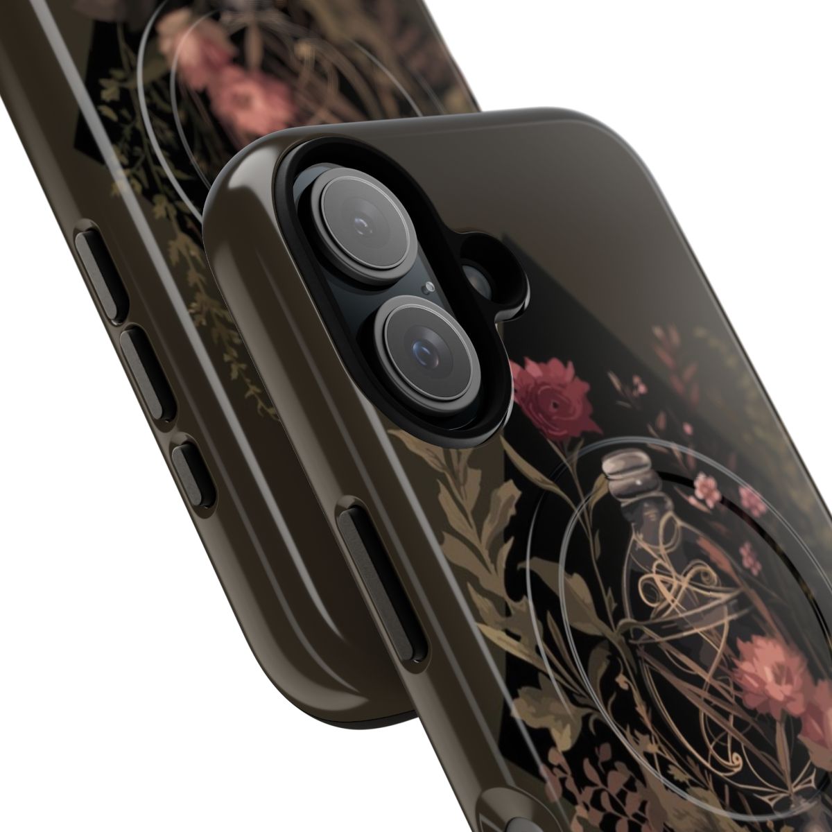 Enchanting magnetic tough phone case featuring dark academia and witchcraft-inspired floral illustration design. - Detail