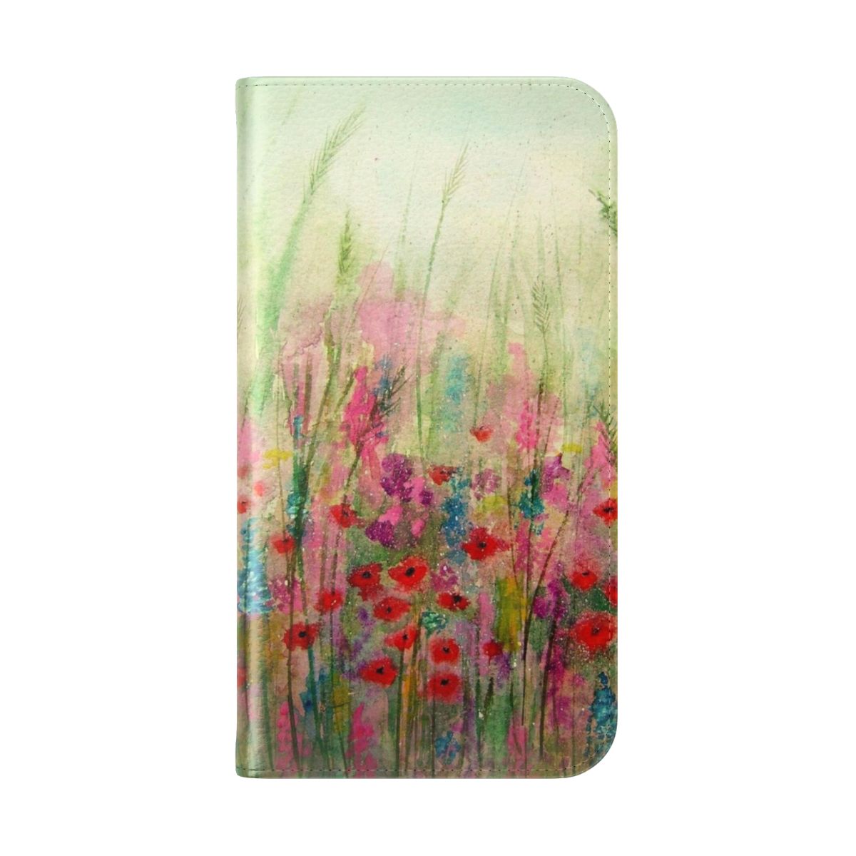 Handmade 'Spring Meadow' watercolor art phone case featuring a colorful meadow landscape with poppies. - Folded Back