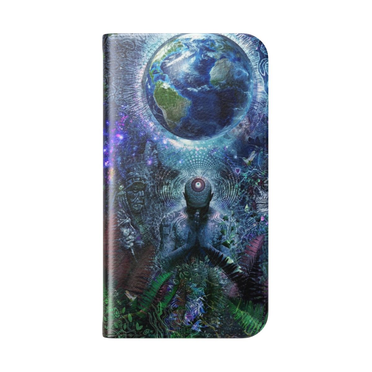 Artistic flip cover phone case featuring a surreal, visionary design of the earth and sky. - Folded Back