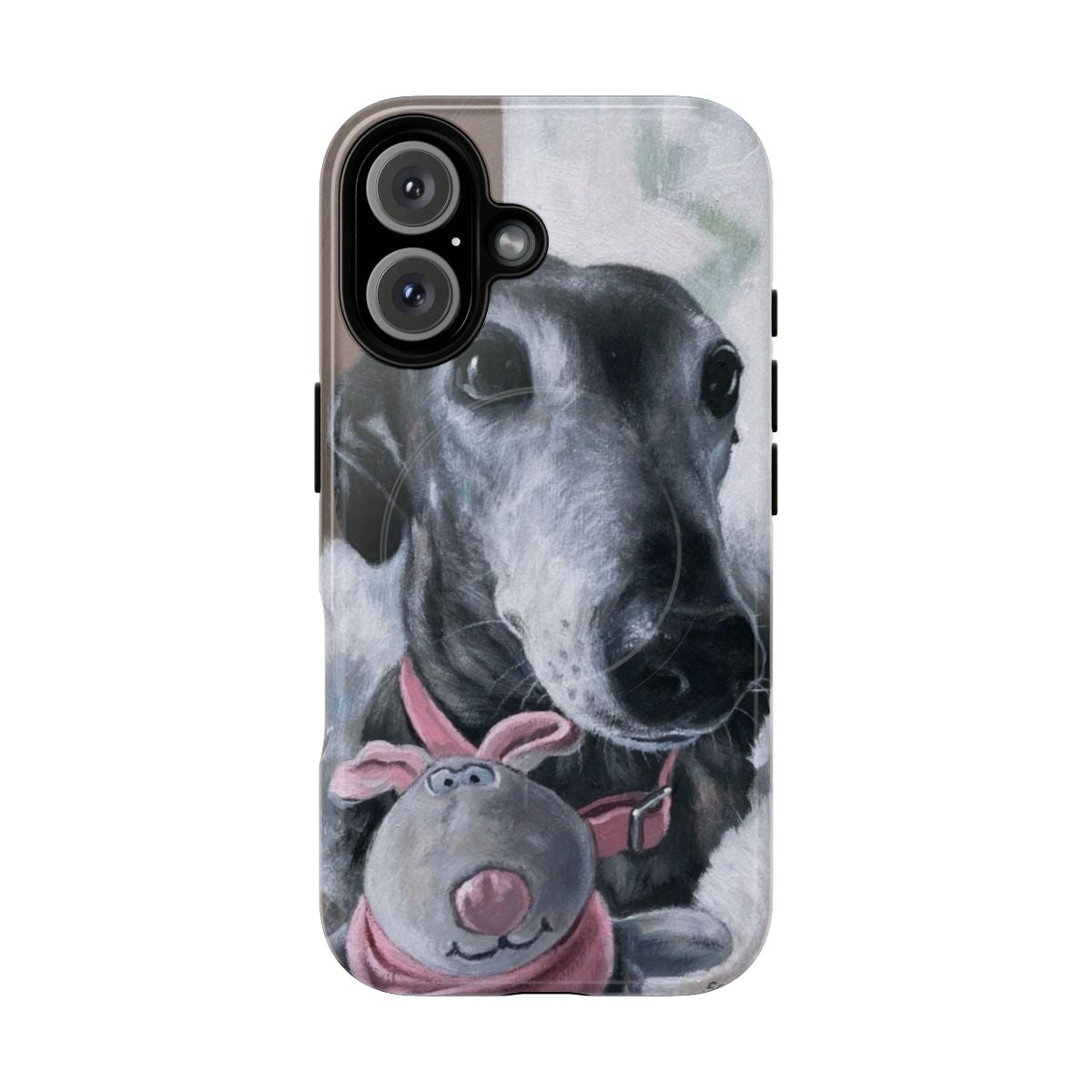 A portrait of a gentle greyhound or whippet hound dog with soulful puppy dog eyes on a magnetic tough phone case.