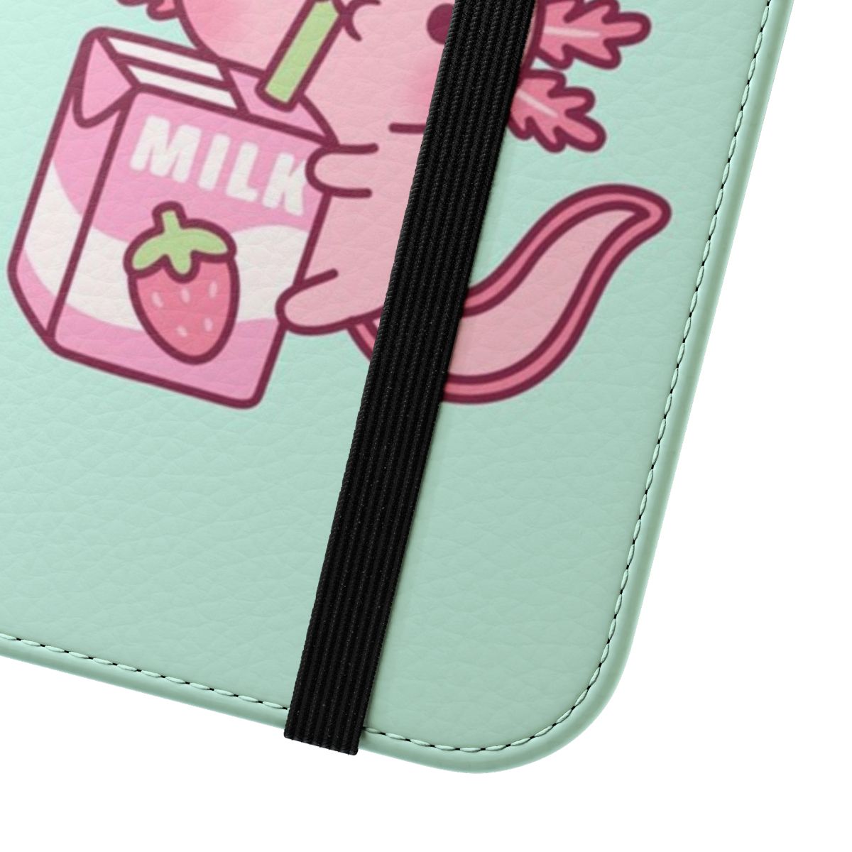 Cute doodle illustration of a pink axolotl holding a glass of strawberry milk on a pastel phone case - Close Up