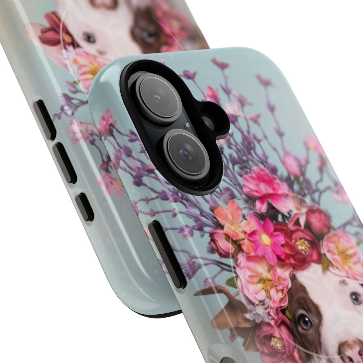 Colorful flower crown design on a tough phone case featuring a pitbull or staffordshire terrier dog - Detail