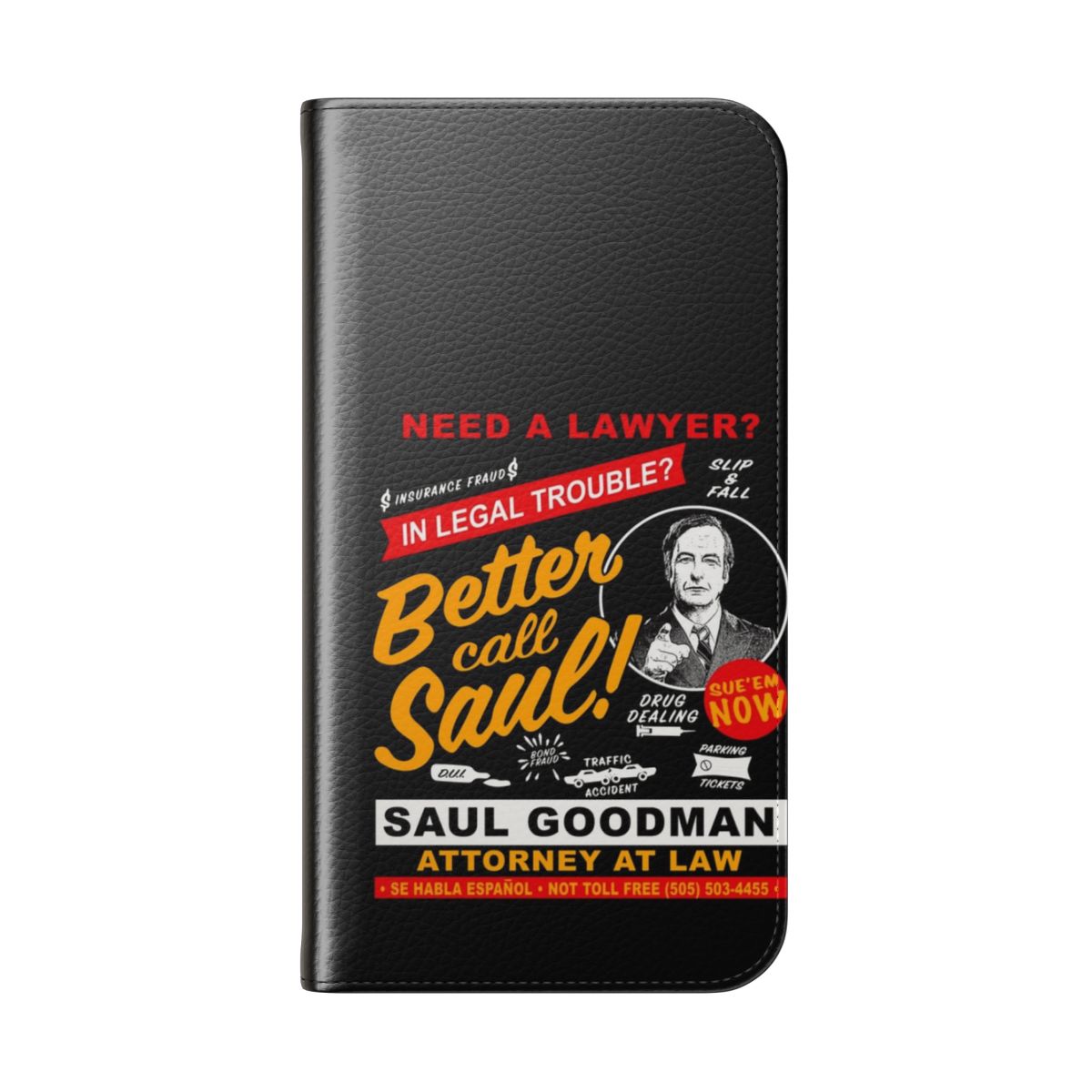 Flip cover phone case featuring a design inspired by the character Saul Goodman from the TV series Better Call Saul - Folded Back