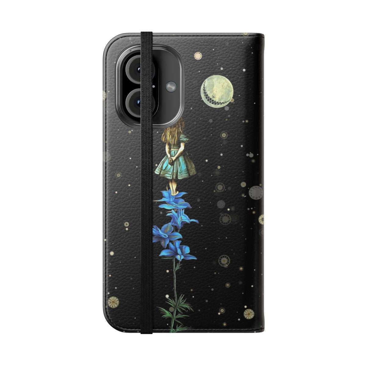 Flip cover phone case featuring a starry night scene inspired by Alice in Wonderland - Folded Front