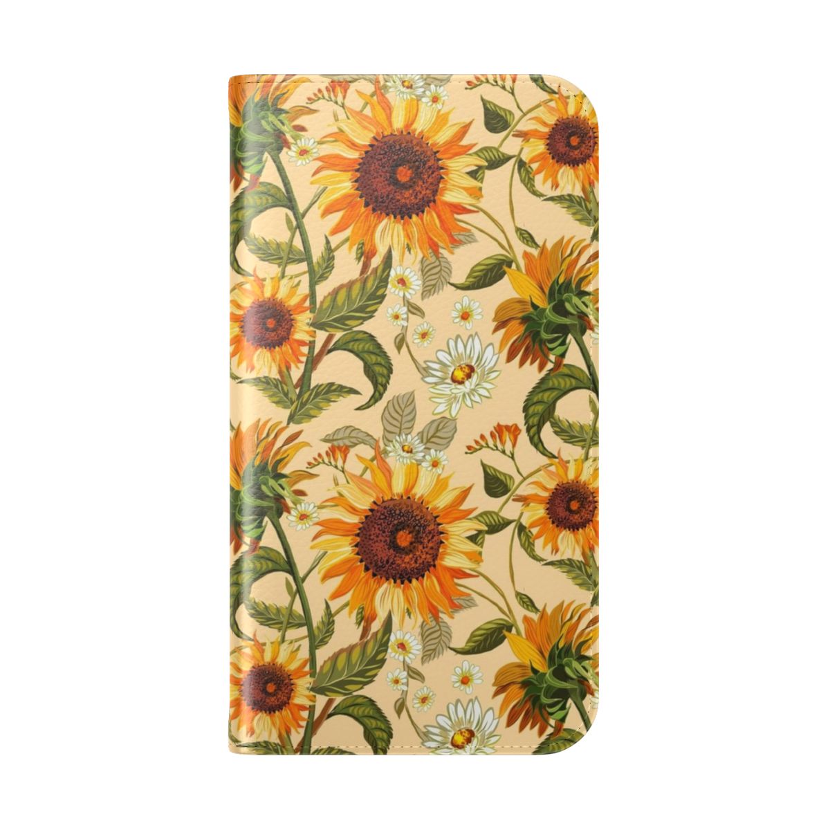 Colorful sunflower phone case with a retro 70s vintage floral pattern in yellow and orange hues - Folded Back