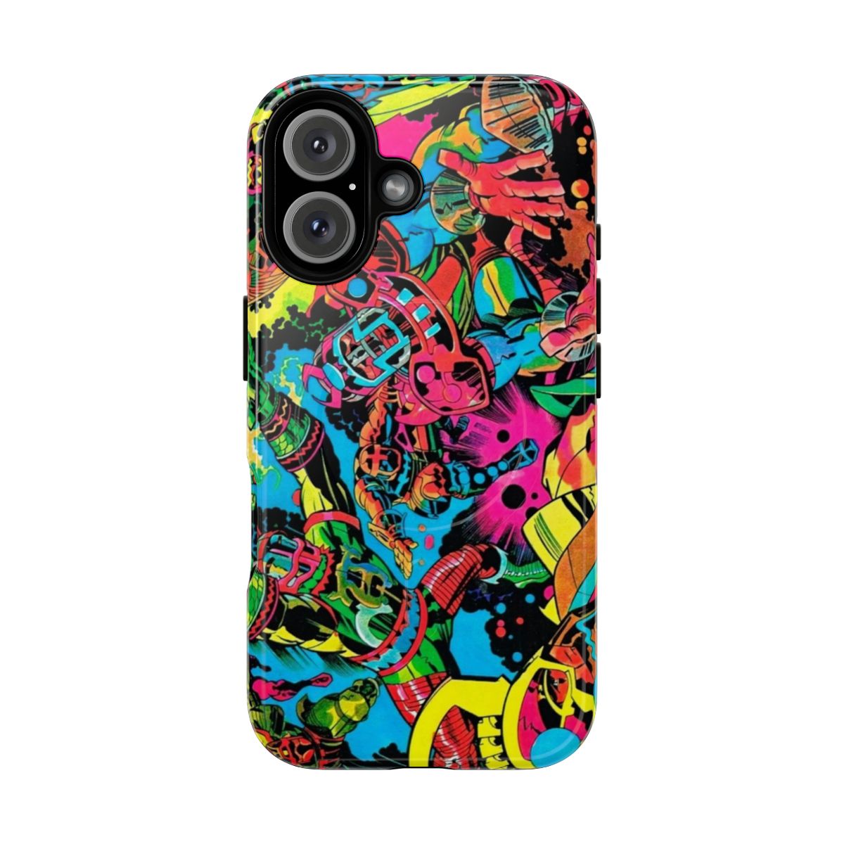 Colorful retro superhero-inspired magnetic phone cases with a psychedelic 60s, 70s, and 80s comic book art style.