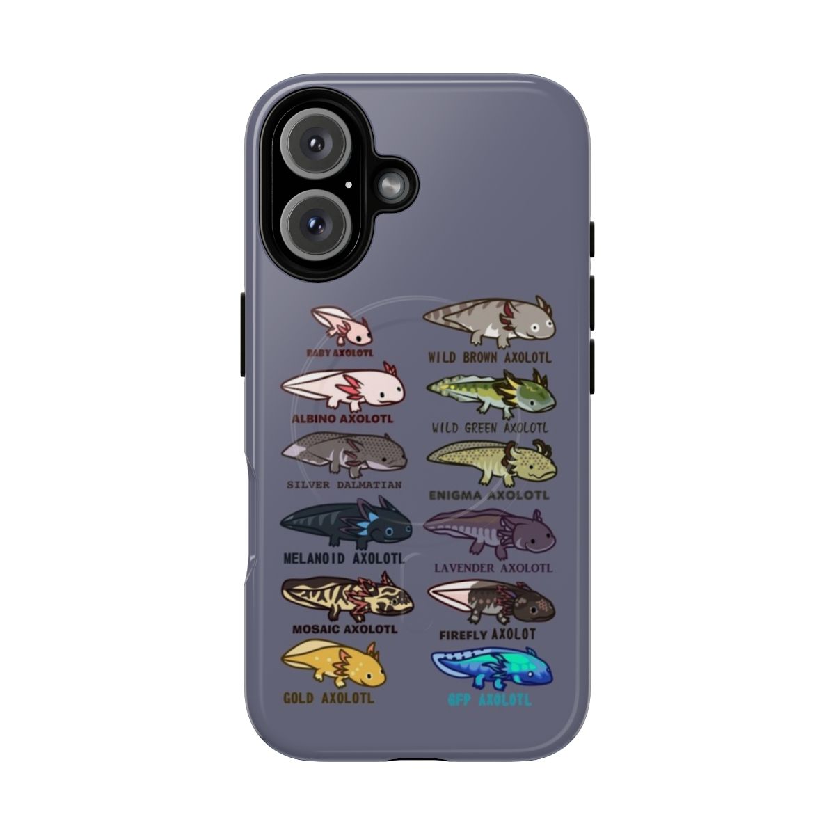 Vibrant image of an axolotl morphing through various colors, showcased on a durable magnetic phone case.