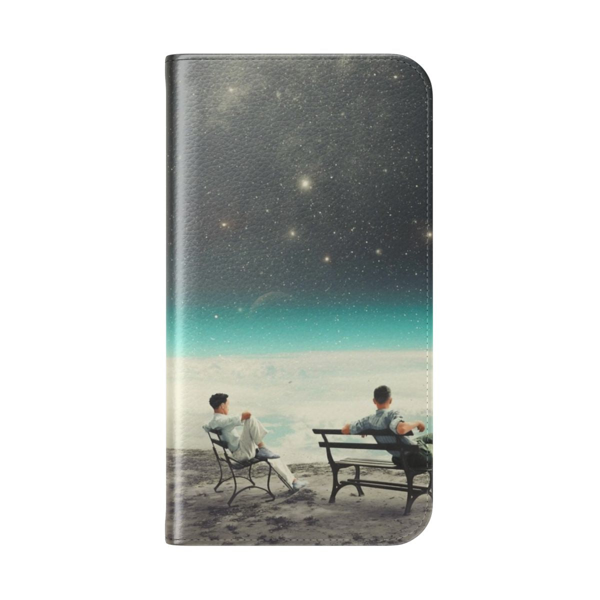 Vintage collage flip cover phone case with a cosmic friendship design featuring a man, stars, and the Earth. - Folded Back