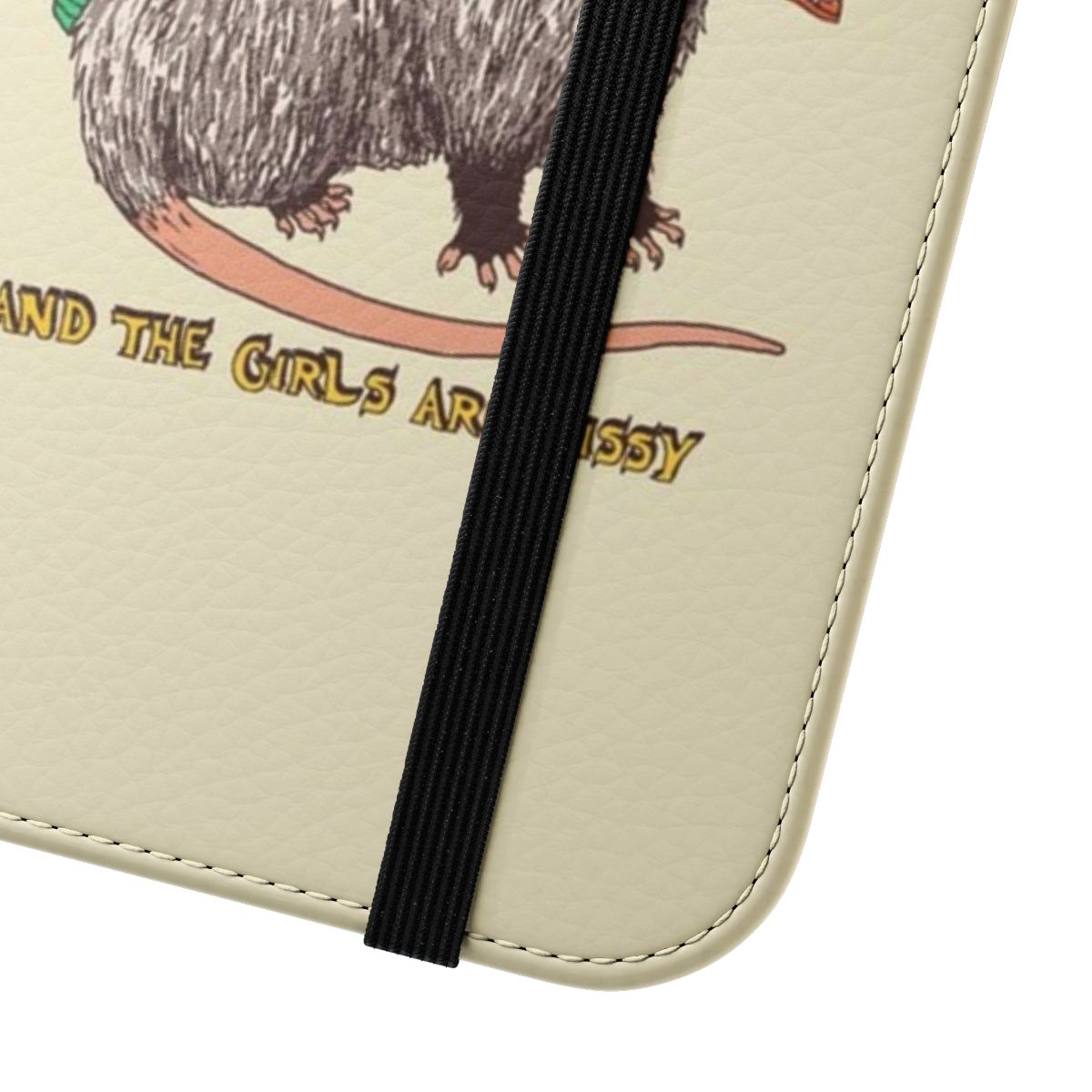 Vintage-style flip phone case featuring an opossum design - Close Up