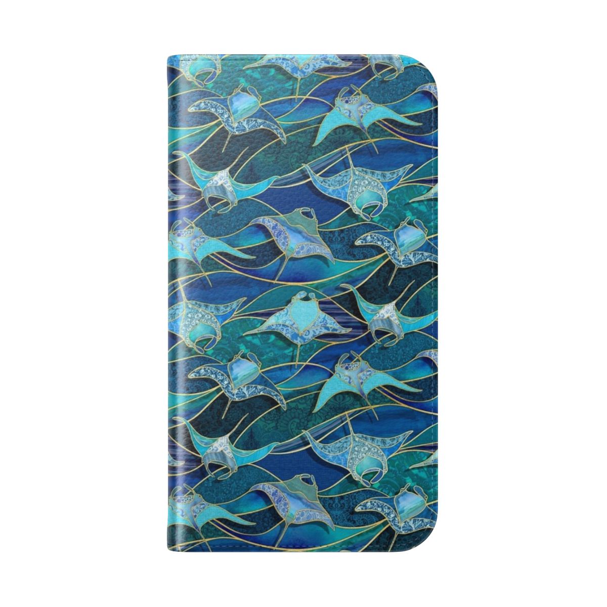 Patchwork design featuring blue manta rays on a flip cover phone case. - Folded Back