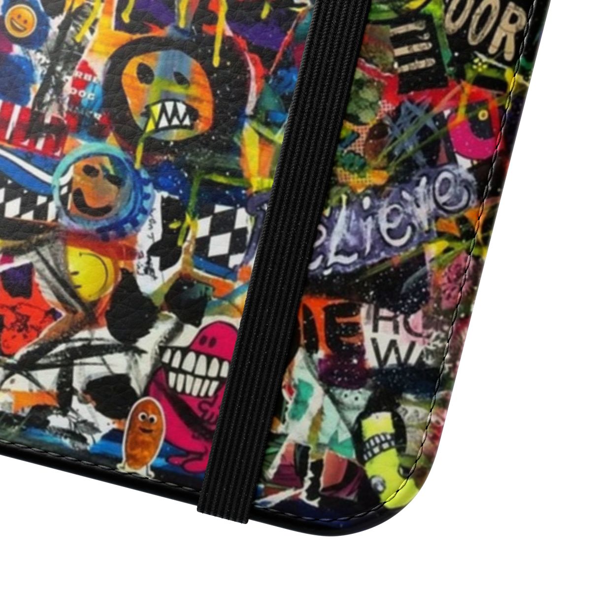 A collage-style phone case featuring a vibrant, graffiti-inspired design with mixed media elements. - Close Up