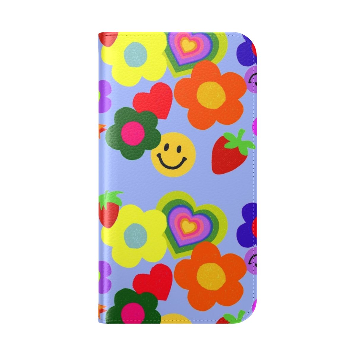 Vibrant floral and smiley print on a flip cover phone case in a fun, nostalgic kidcore style - Folded Back