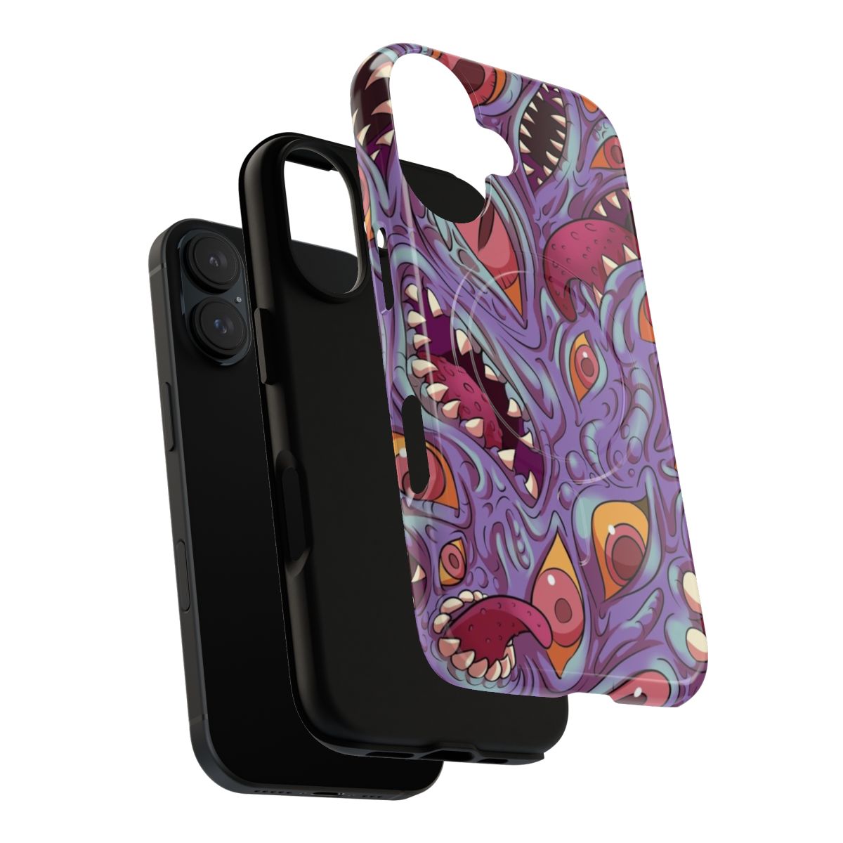 Magnetic phone case with a Lovecraftian-inspired design featuring a mysterious creature with eyes, mouth, and fangs on a textured, purple background. - Layers