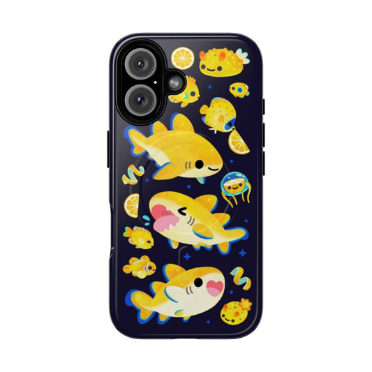 Lemon shark and friends design on a dark tough magnetic phone case