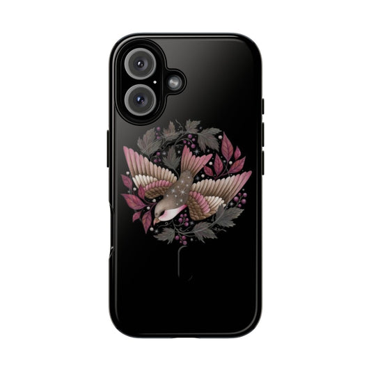 Autumn-inspired phone case featuring a flying bird, leaves, berries, and a dark, mystical aesthetic