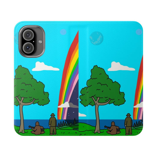 Colorful landscape-themed phone case design featuring characters from the popular Australian comedy series "The Big Lez Show"