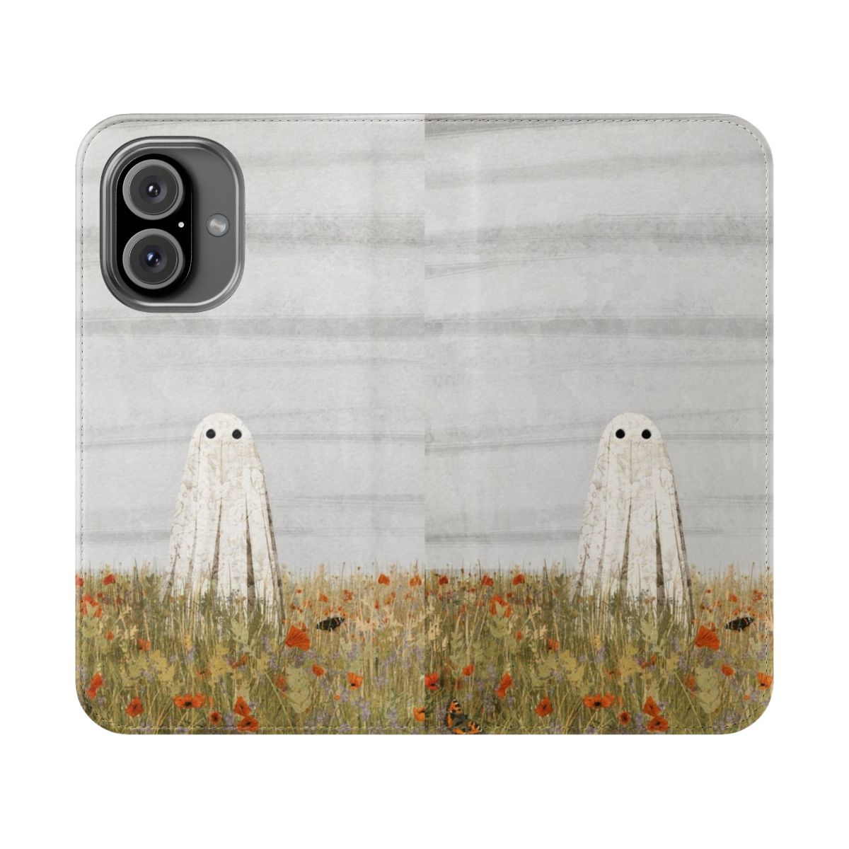 Vintage-style phone case featuring a dreamy floral meadow scene with poppies and butterflies