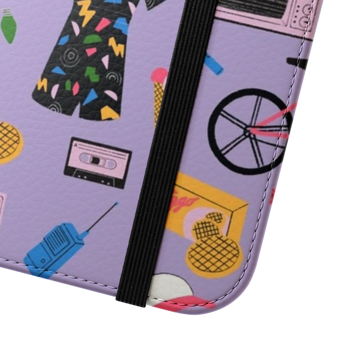 A stylish purple flip phone case featuring original Stranger Things artwork. - Close Up