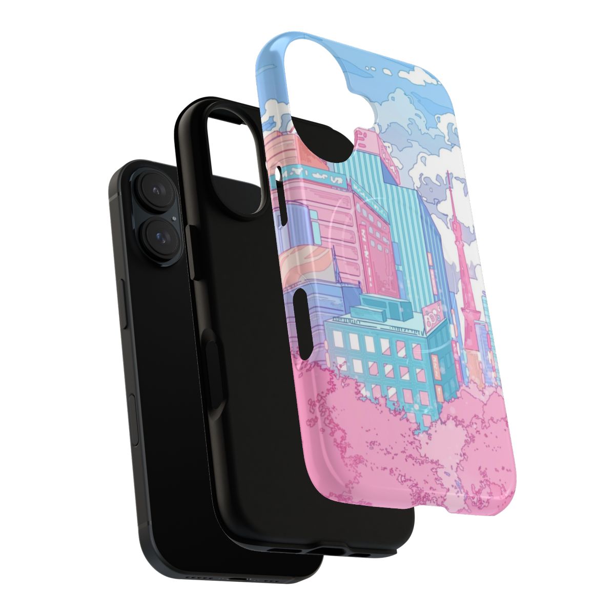 Pastel-colored image of the Tokyo cityscape on a phone case with magnetic closure - Layers