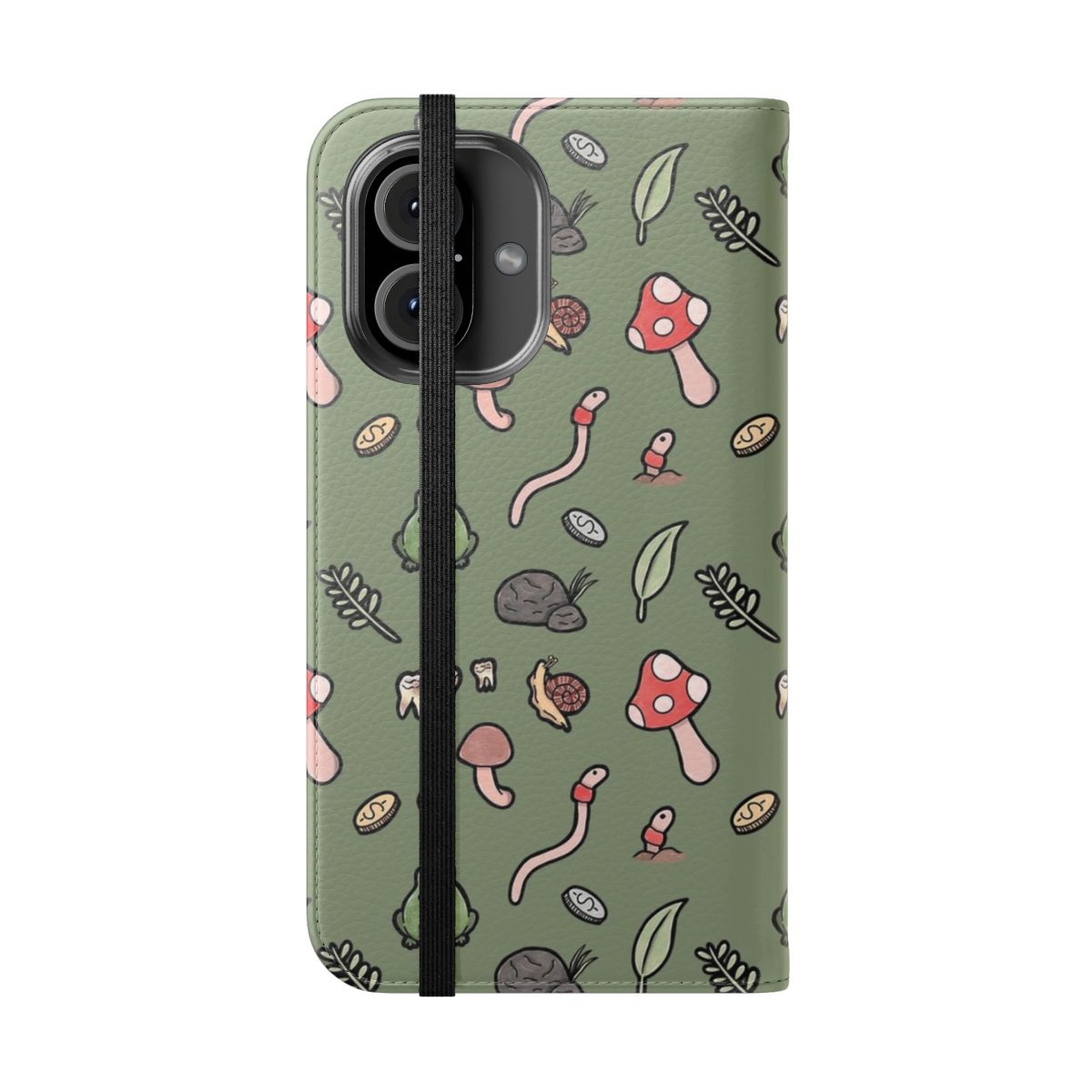 Green phone case with cute goblin, frog, bug, and worm motifs in a whimsical, nature-inspired design. - Folded Front