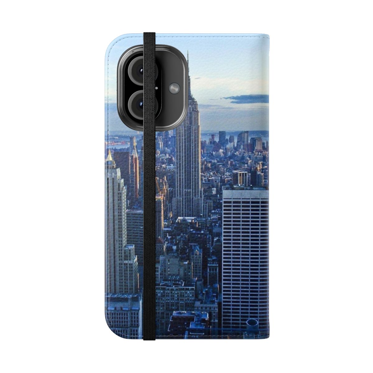 Flip phone case with a high-quality image of the iconic New York City skyline. - Folded Front