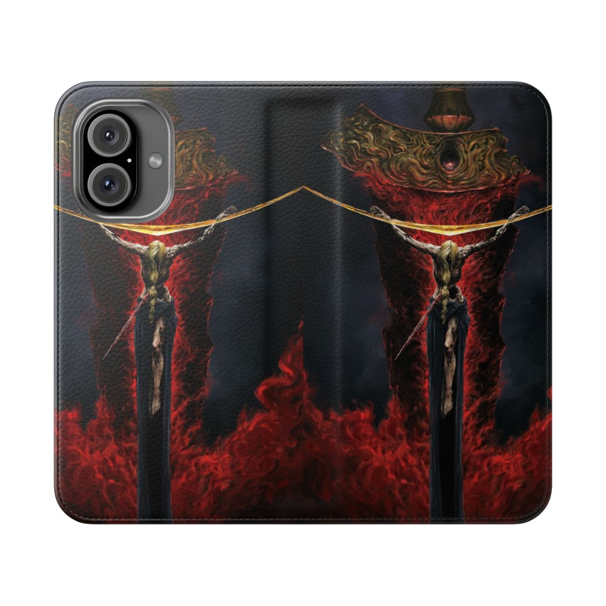 Fantasy-style flip cover phone case with Marika design, inspired by the Elden Ring video game