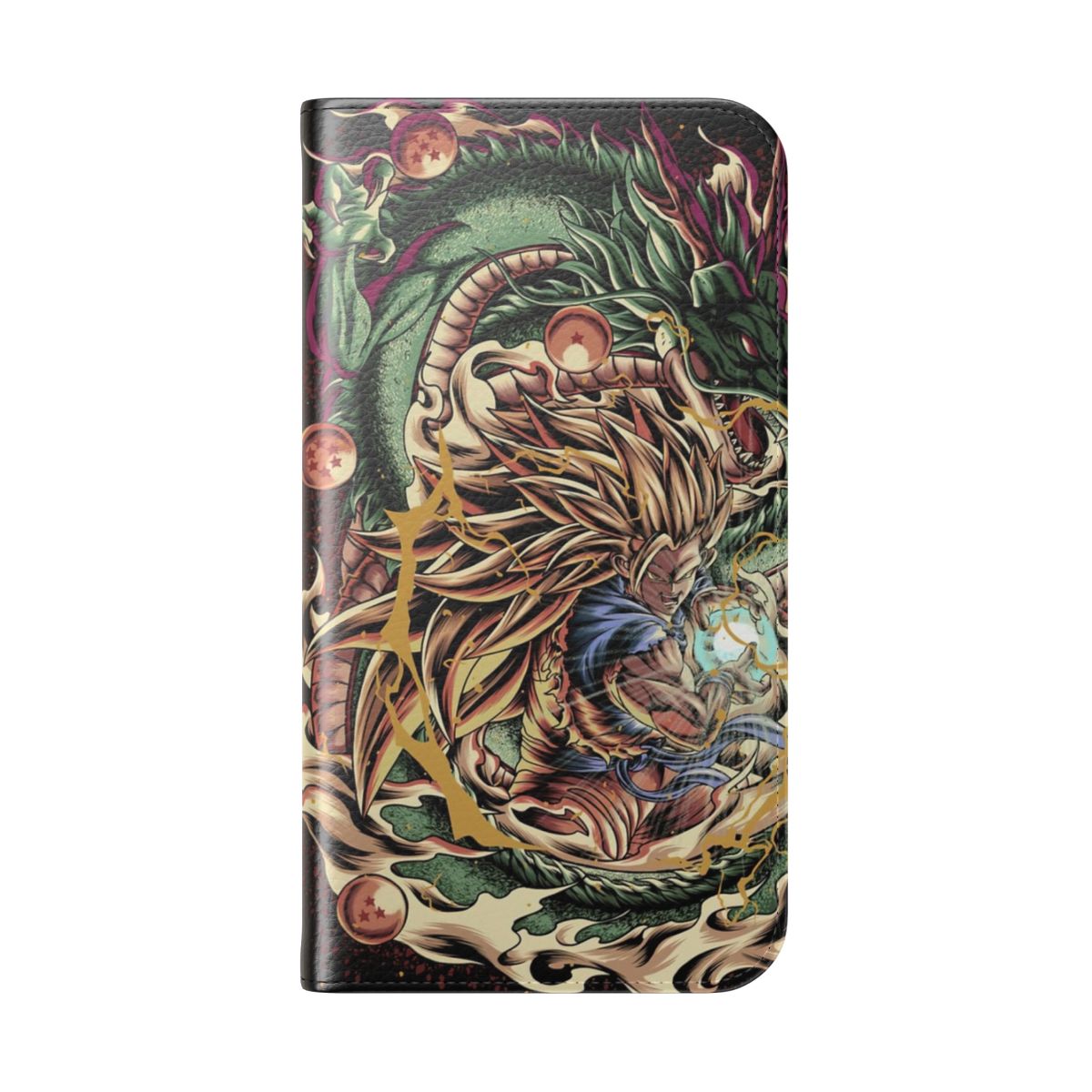 Flip phone case with Goku in super saiyan form from the popular Dragon Ball anime series - Folded Back