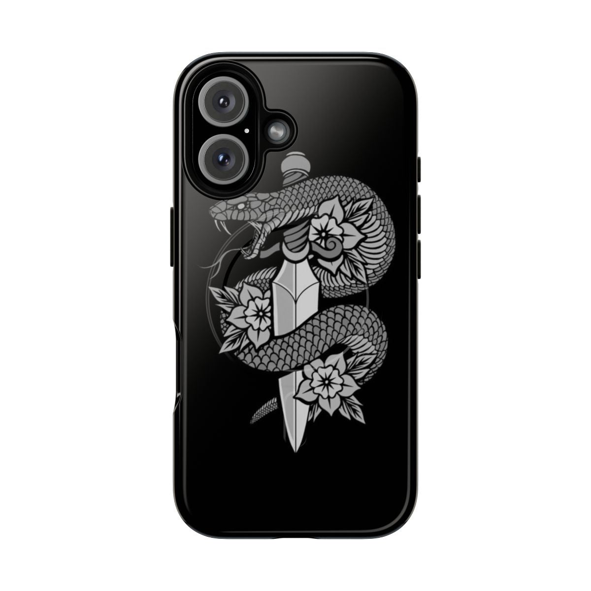 Magnetic tough phone cases featuring a snake and dagger design in a dark, traditional style.