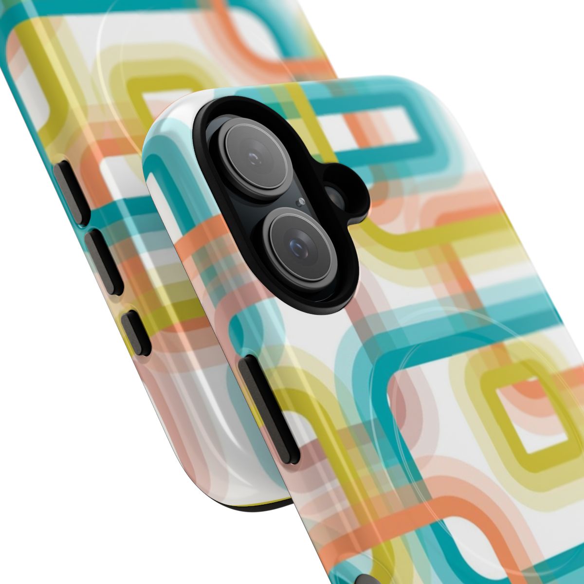 Retro geometric pattern phone case with 1980s-inspired teal, peach, and orange squares - Detail