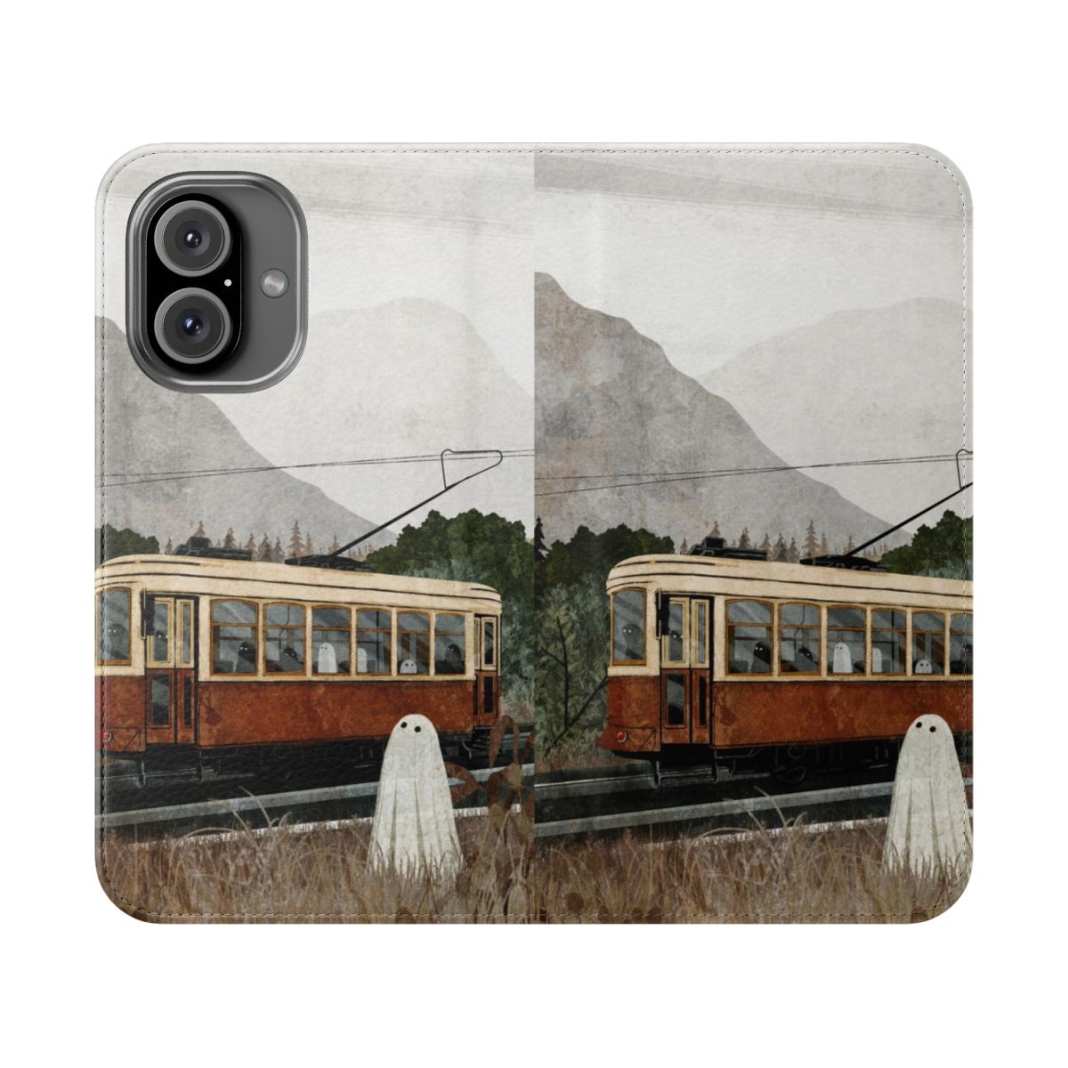 Haunted landscape with a ghostly tram on a phone case