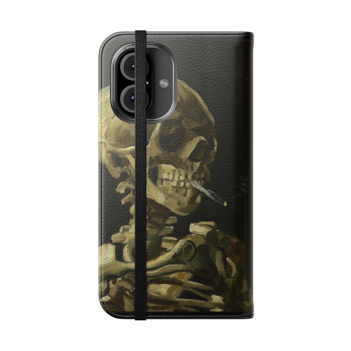 Vintage-style phone case featuring the Skull of a Skeleton with Burning Cigarette painting by Vincent Van Gogh - Folded Front