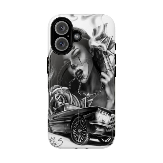 Magnetic phone case with Chicano style skull and tattoo graphic design