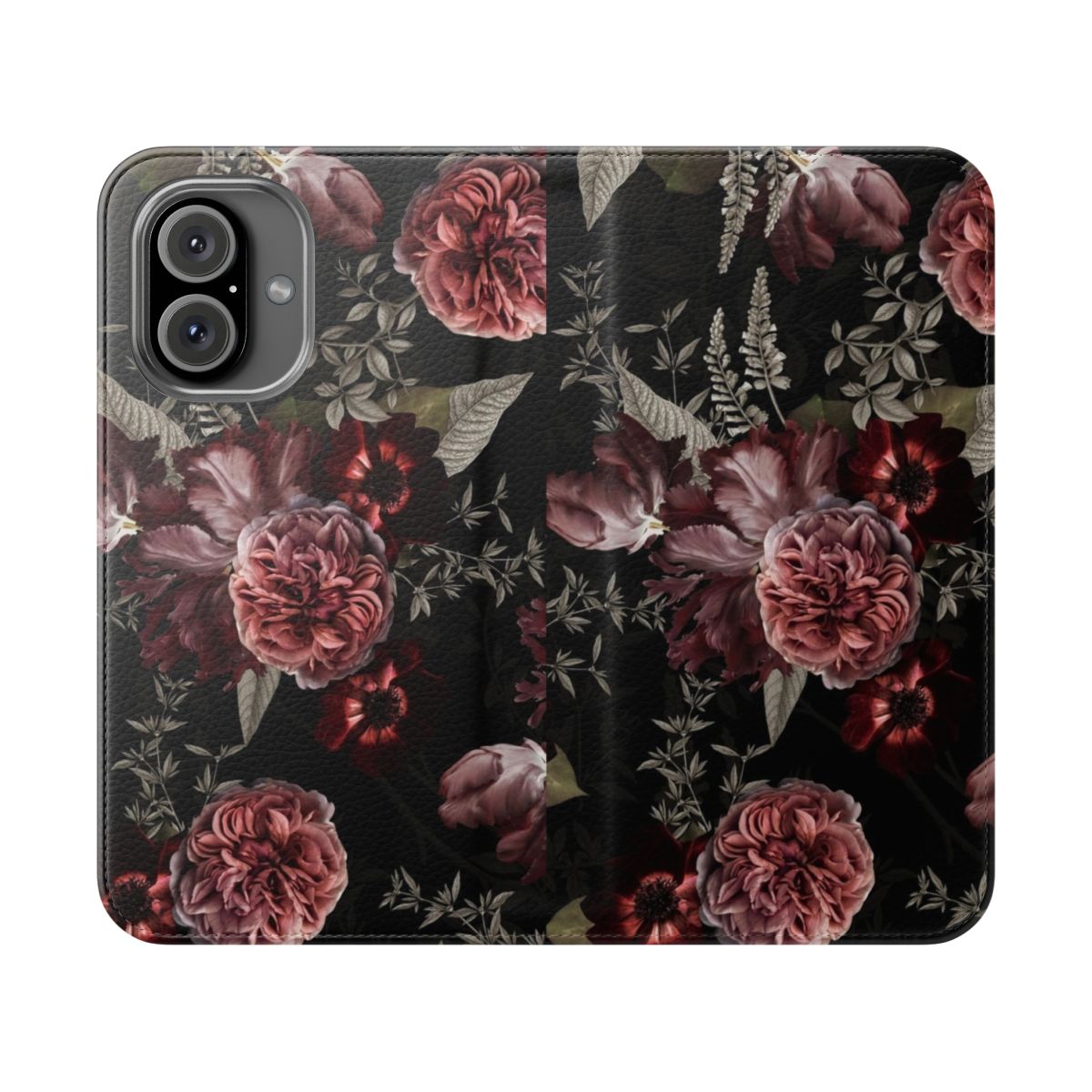 Vintage midnight botanical floral pattern phone case featuring roses and tulips in a lush garden design