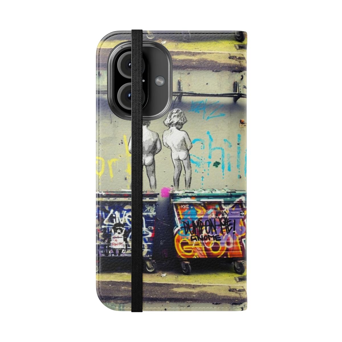 Colorful Banksy-inspired phone case with a "Chill the Duck Out" stencil art design - Folded Front