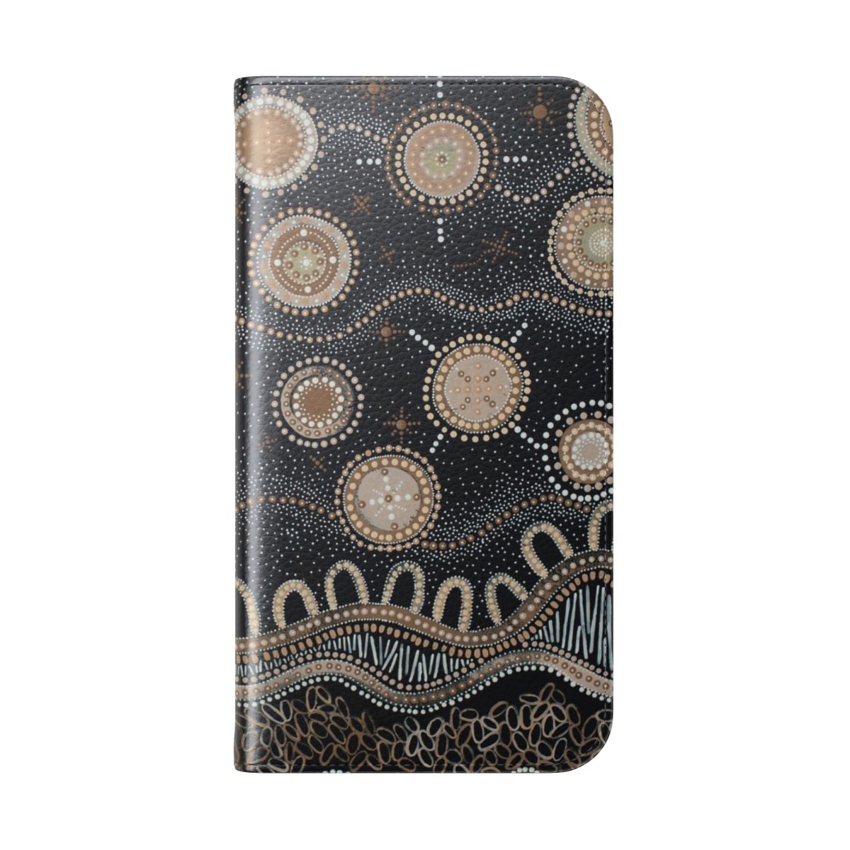 Aboriginal-inspired phone case featuring detailed, earthy-toned dot painting designs - Folded Back