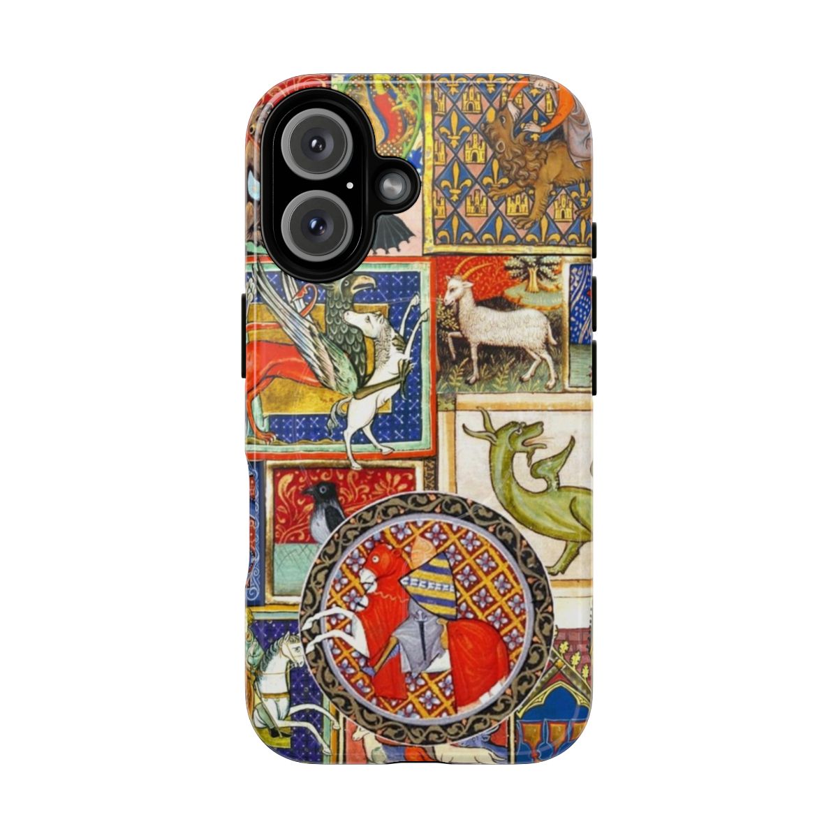 Magnetic phone case with illustrations of medieval beasts and fantastical creatures