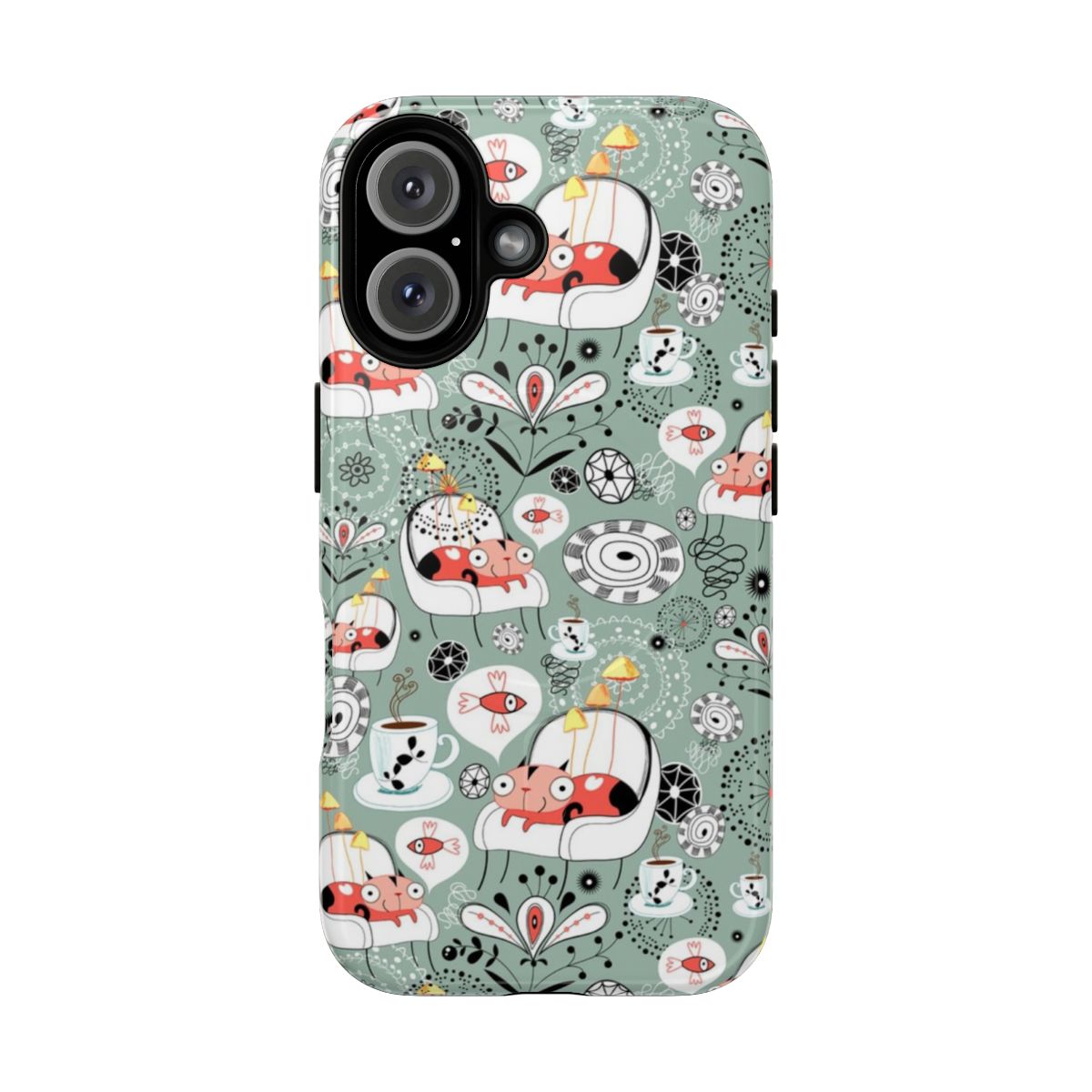 Vibrant pattern featuring cats, mushrooms, and other nature elements on a tough phone case.