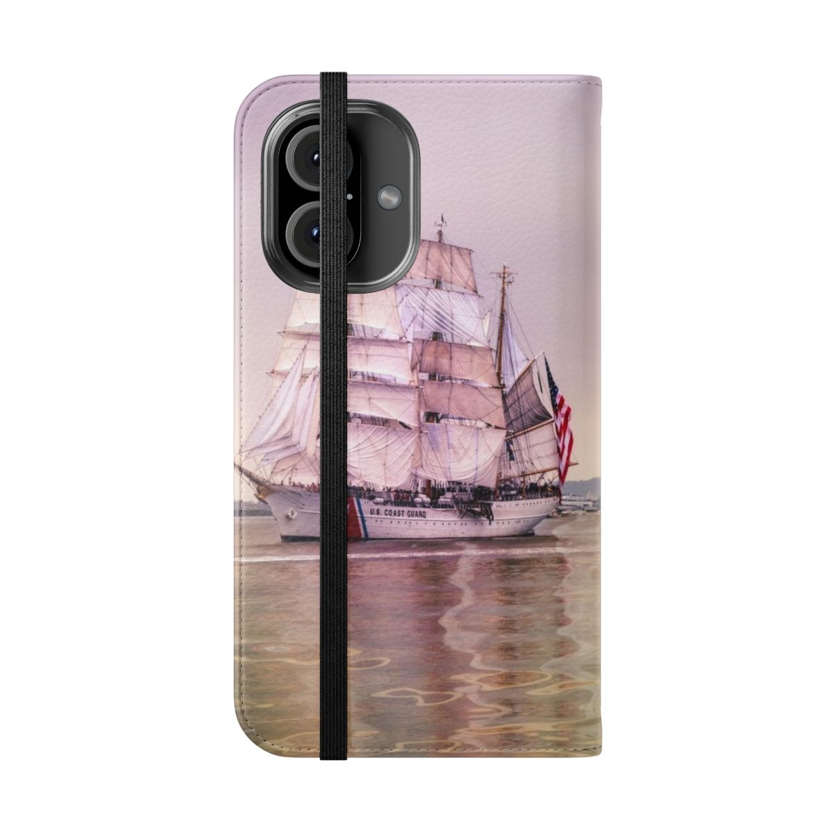 Tall ships sailing in Boston harbor with USCG insignia on phone case - Folded Front