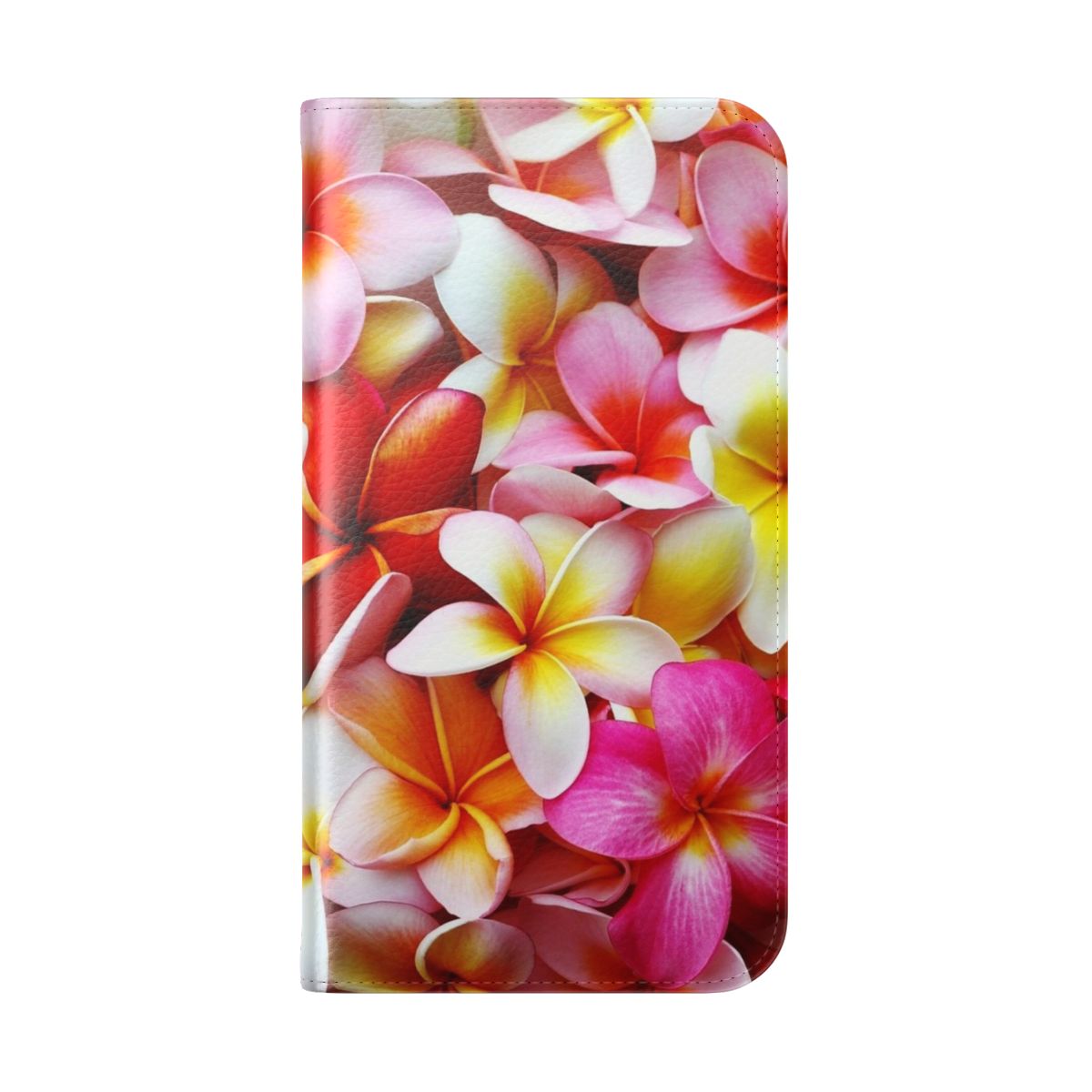 A vibrant phone case featuring a detailed illustration of pink and white plumeria flowers against a tropical background. - Folded Back