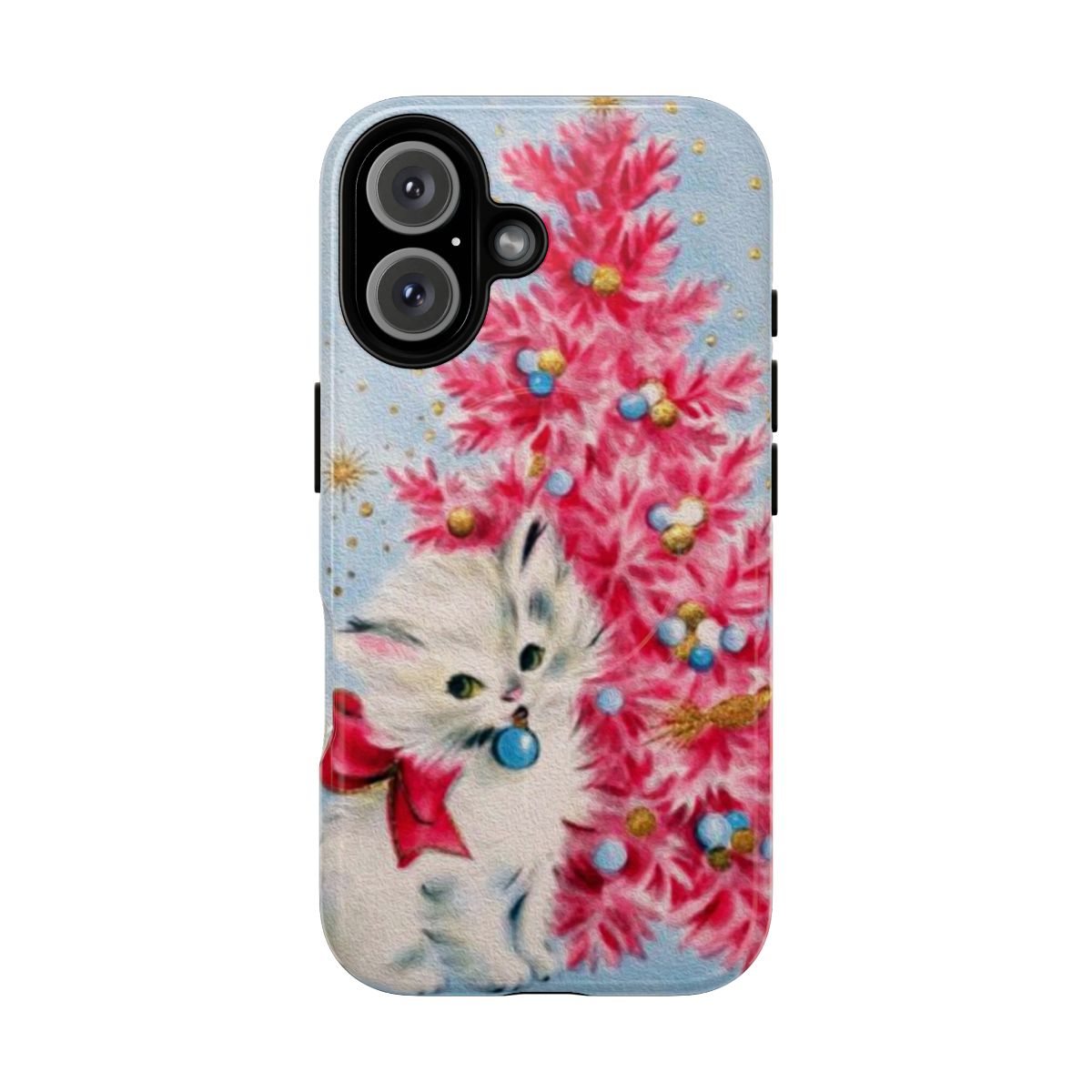 Vintage-style Christmas kitten on a pink Christmas tree phone case