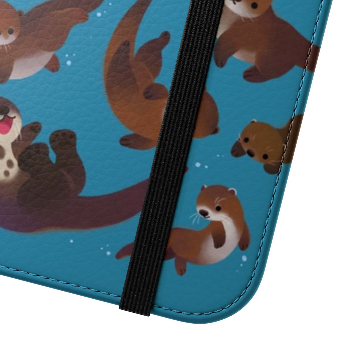 A flip cover phone case featuring a cute otter design. - Close Up