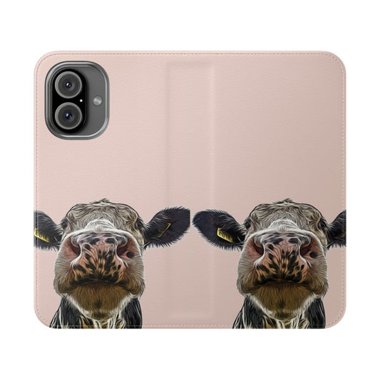 Close-up photo of a cute, smiling dairy cow on a smartphone flip cover case