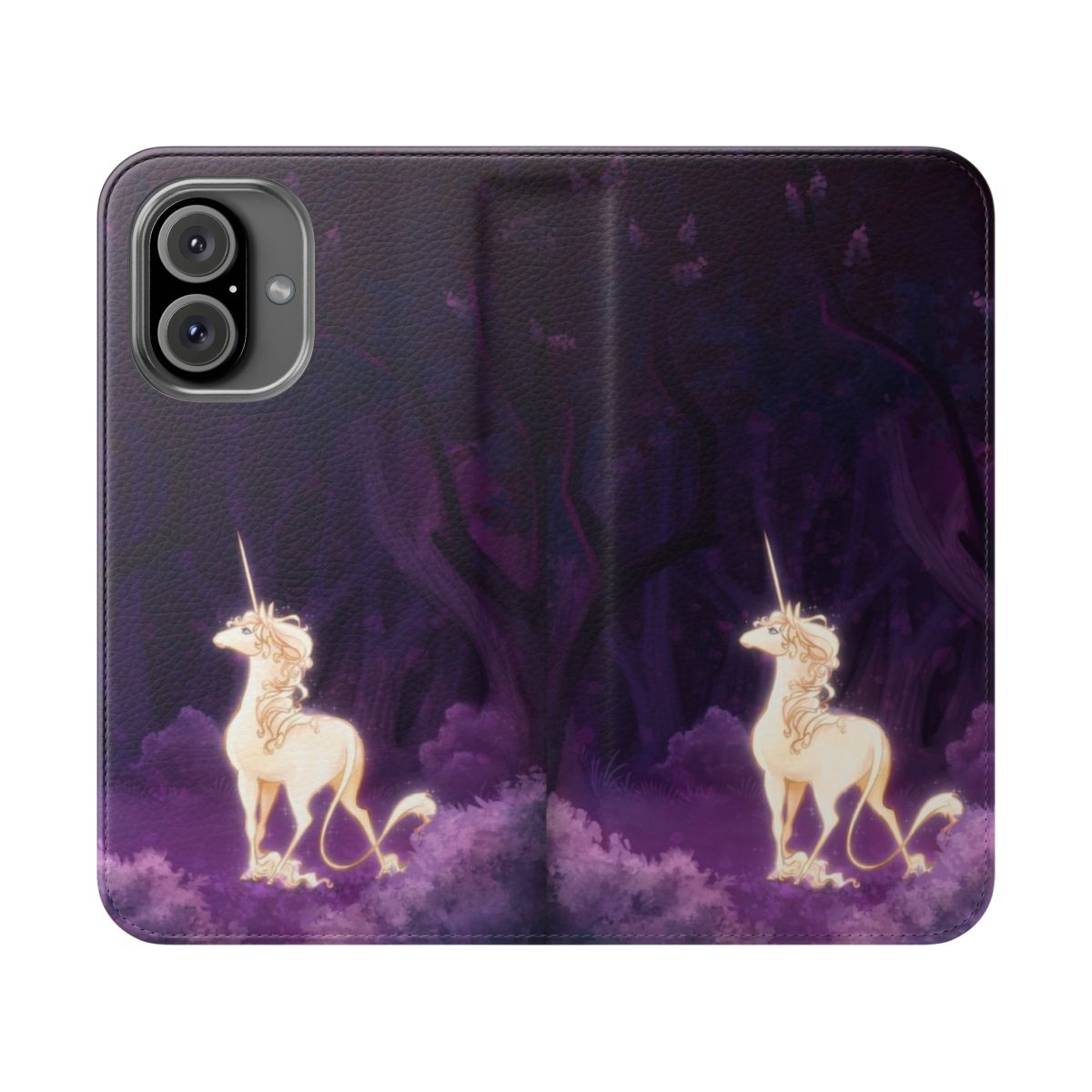 Illustration of a unicorn in a lilac wood on a flip cover phone case