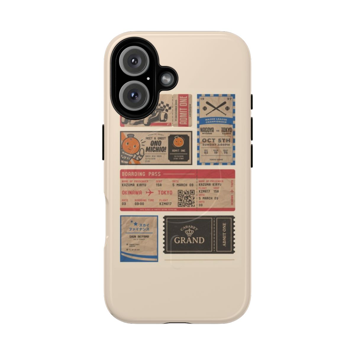 Vintage-themed phone case with Yakuza/Ryu ga Gotoku characters and motifs