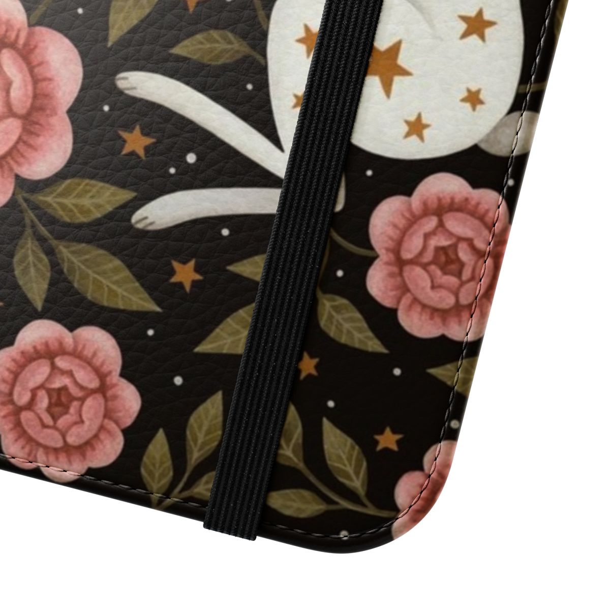 Enchanted whimsical phone case with rabbit, flowers, and starry designs - Close Up