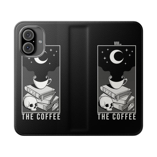 A black flip cover phone case featuring a stylish coffee-themed design with occult and gothic elements.