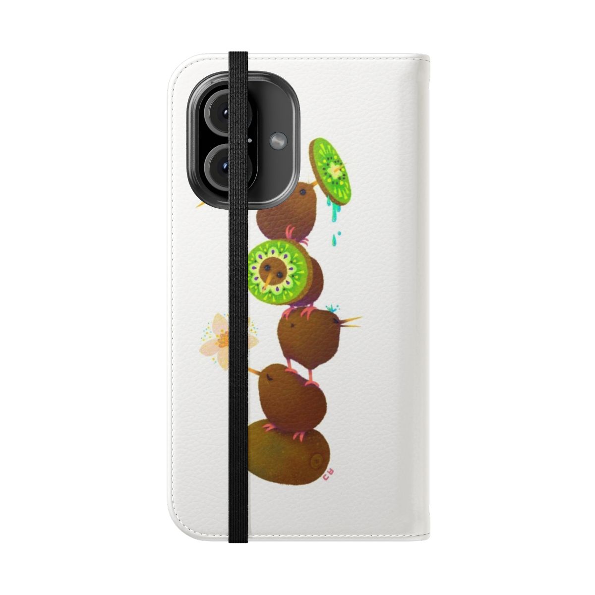 Colorful kiwi-themed phone case with a fun bird design - Folded Front