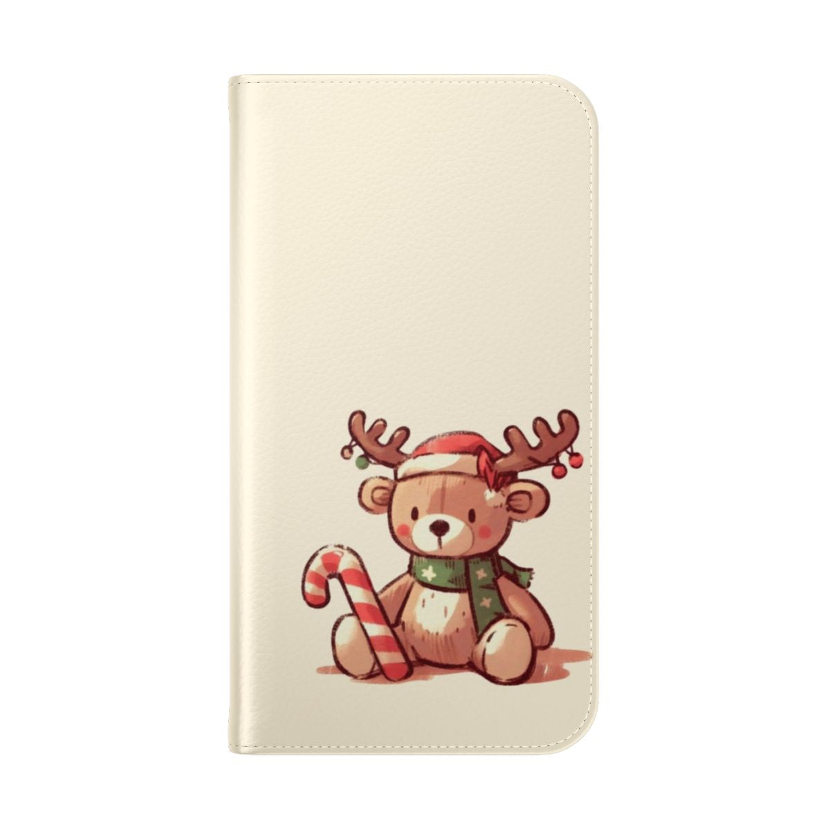 A flip cover phone case featuring a whimsical Christmas reindeer design with a candy cane and scarf. - Folded Back