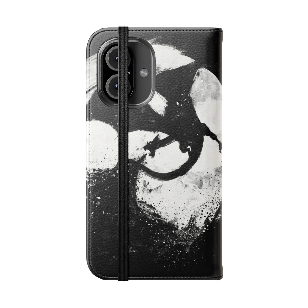 Enchanting fantasy flip cover phone case with dark night moon, dragon, and book cartoon designs - Folded Front