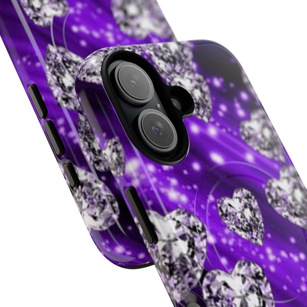 Sparkly purple phone case with diamond hearts design - Detail